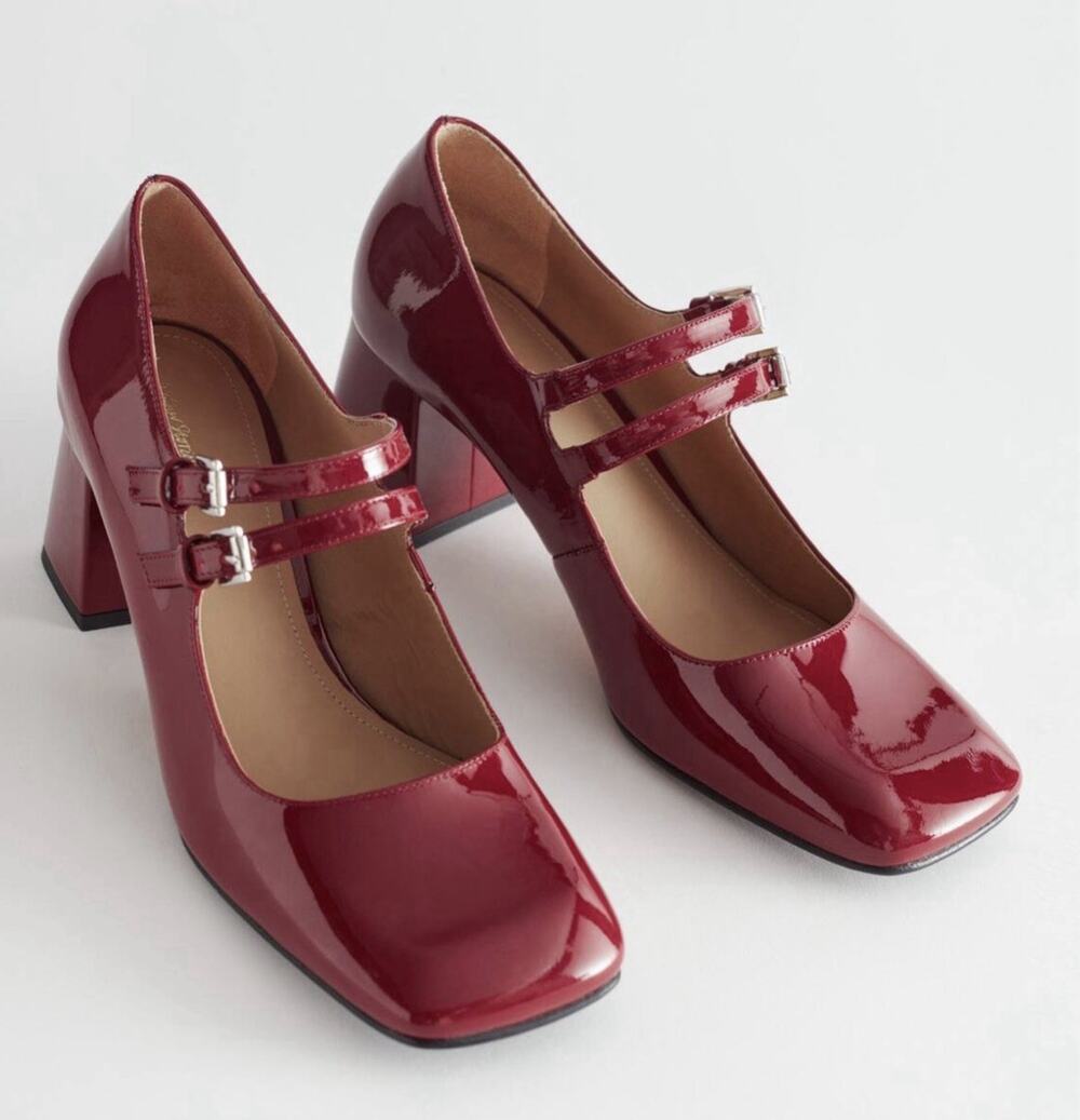 & Other Stories Mary Jane Heels Size 9 Red Patent Leather Strap Retro Mod Preppy